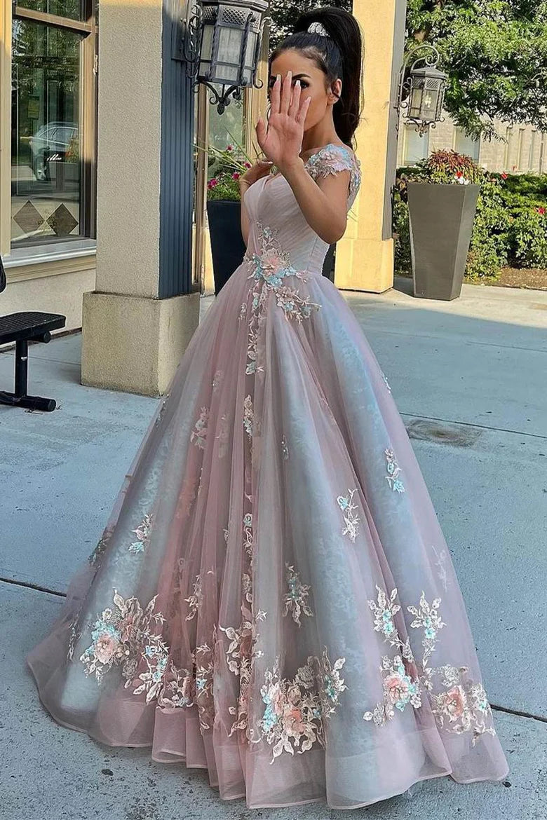 Vestido de fiesta largo con apliques y hombros descubiertos